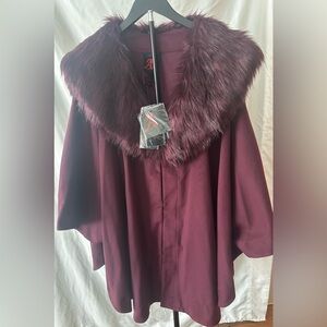 Adrienne Landau Deep Red Cape with Faux Fur Trim